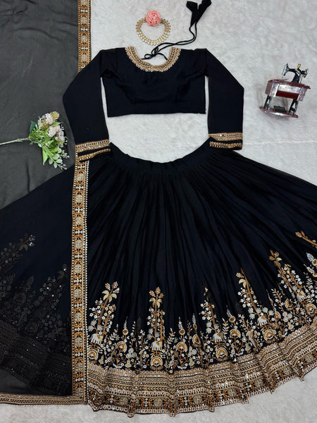 Black Color Thread With Sequins Work Designer Georgette Lehenga Choli