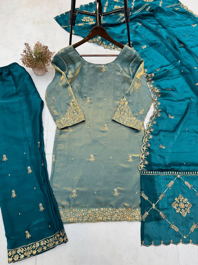 Golden And Blue  Color Heavy Embroidered Sequins Work Sharara Suit