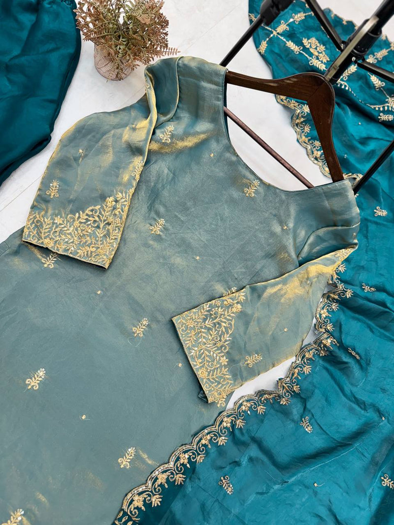 Golden And Blue  Color Heavy Embroidered Sequins Work Sharara Suit