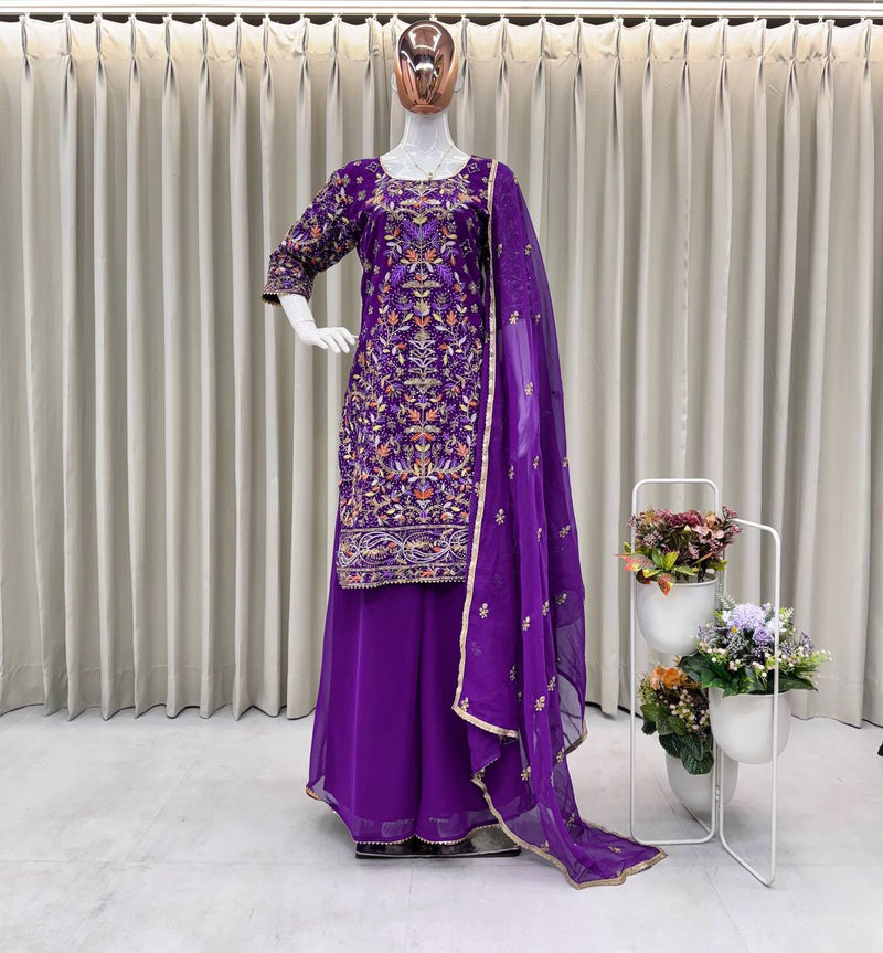 Purple Color Eid Special Embroidered Sequins Work Sharara Suit