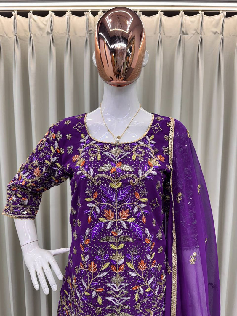 Purple Color Eid Special Embroidered Sequins Work Sharara Suit