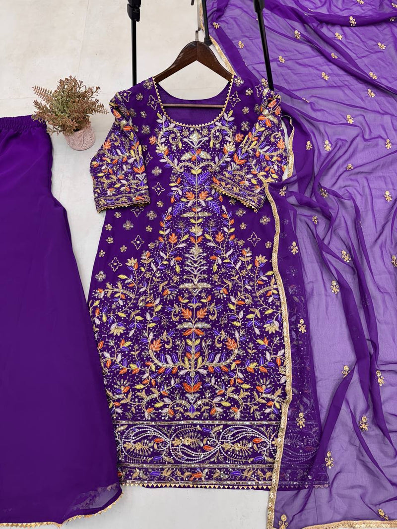 Purple Color Eid Special Embroidered Sequins Work Sharara Suit