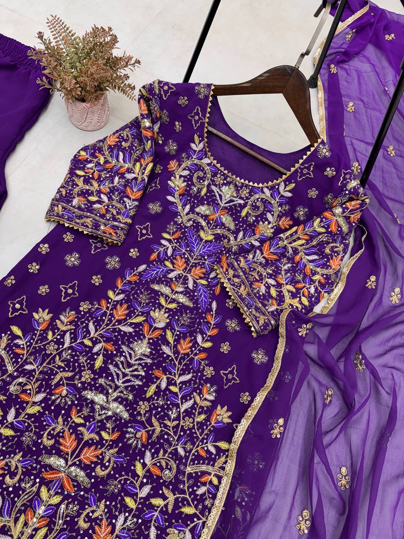 Purple Color Eid Special Embroidered Sequins Work Sharara Suit