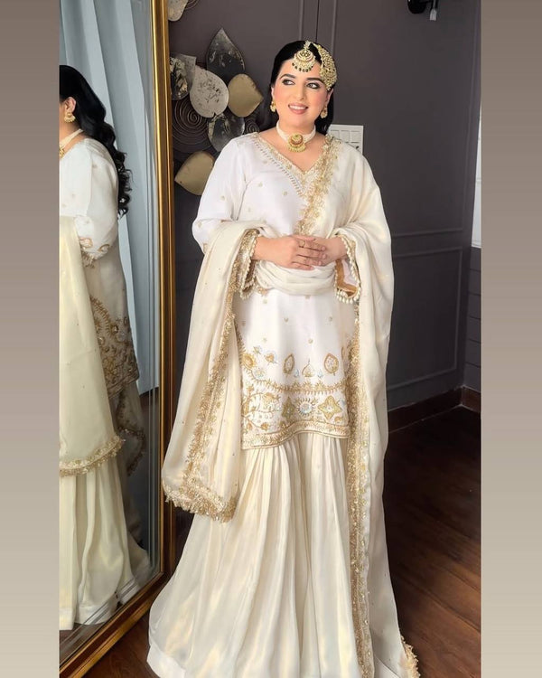 Off White Color Eid Special Heavy Embroidered Sequins Work Sharara Suit