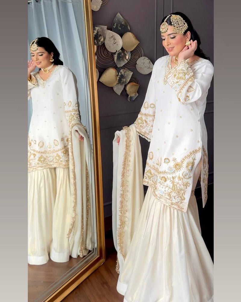 Off White Color Eid Special Heavy Embroidered Sequins Work Sharara Suit