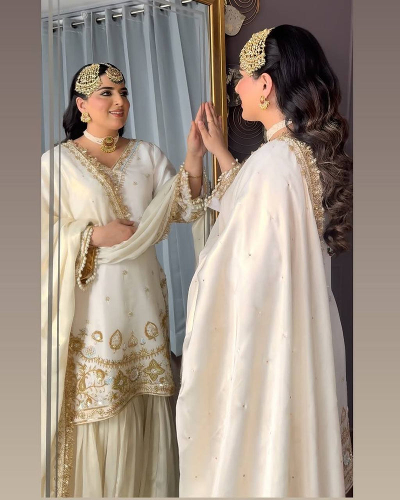 Off White Color Eid Special Heavy Embroidered Sequins Work Sharara Suit