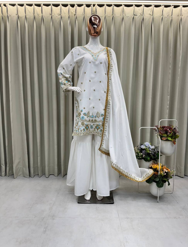 Off White Color Eid Special Heavy Embroidered Sequins Work Sharara Suit