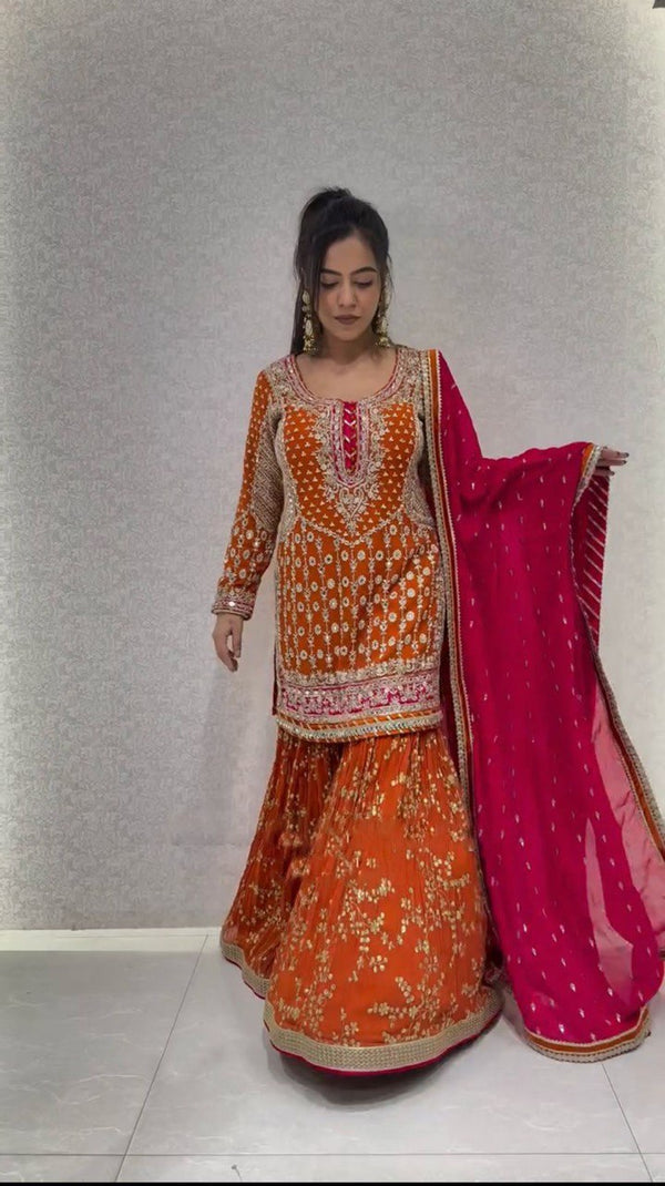 Orange  Color Eid Special Heavy Embroidered Sequins Work Sharara Suit