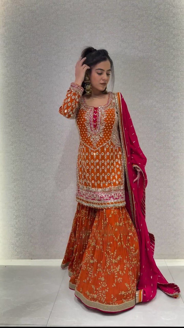 Orange  Color Eid Special Heavy Embroidered Sequins Work Sharara Suit