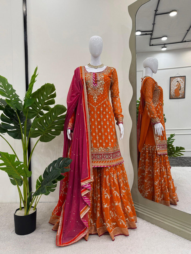 Orange  Color Eid Special Heavy Embroidered Sequins Work Sharara Suit