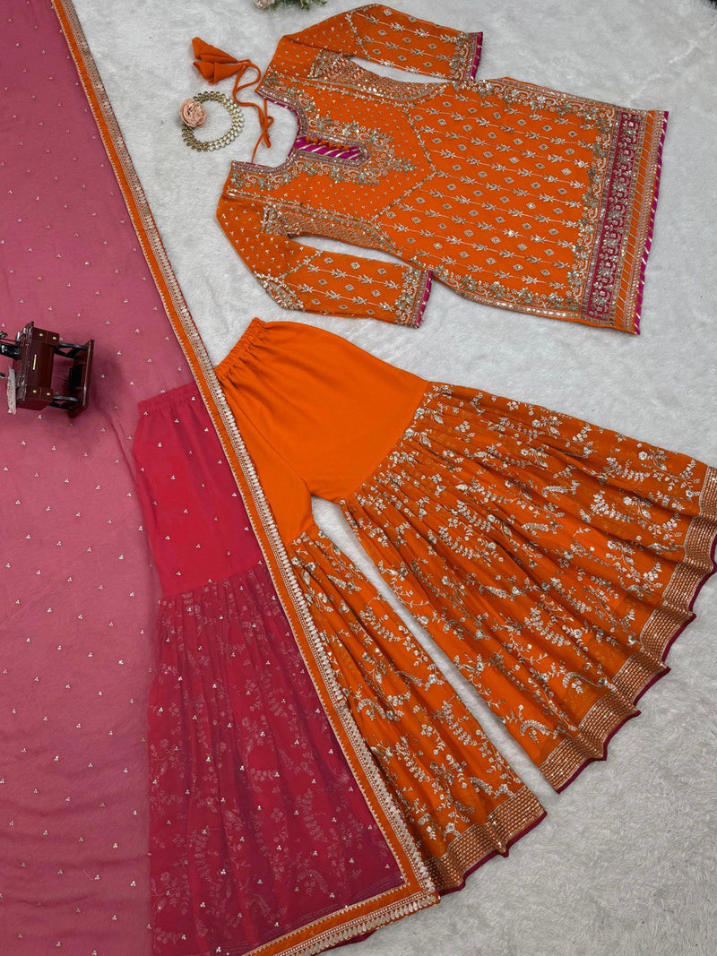 Orange  Color Eid Special Heavy Embroidered Sequins Work Sharara Suit