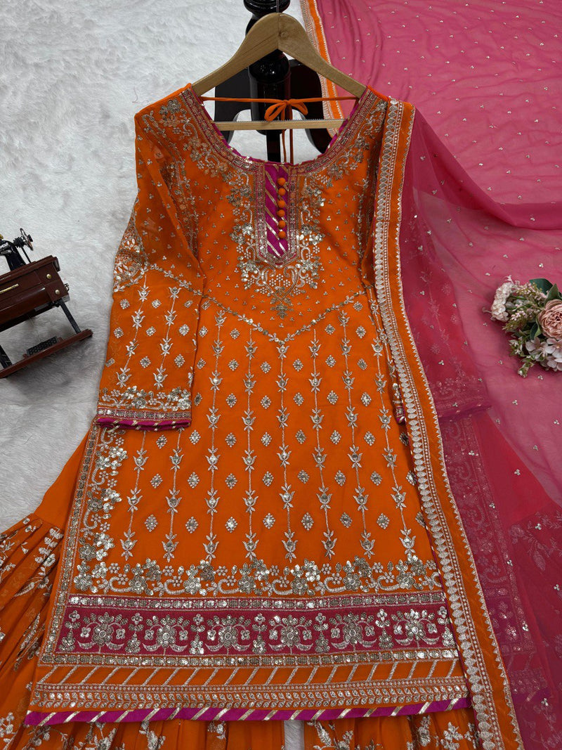 Orange  Color Eid Special Heavy Embroidered Sequins Work Sharara Suit