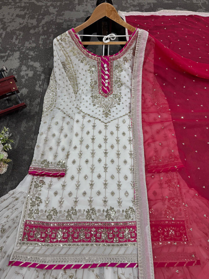 White Color Eid Special Heavy Embroidered Sequins Work Sharara Suit