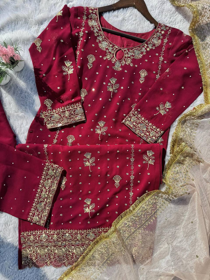 Maroon Color Eid Special Heavy Embroidered Sequins Work Salwar Suit