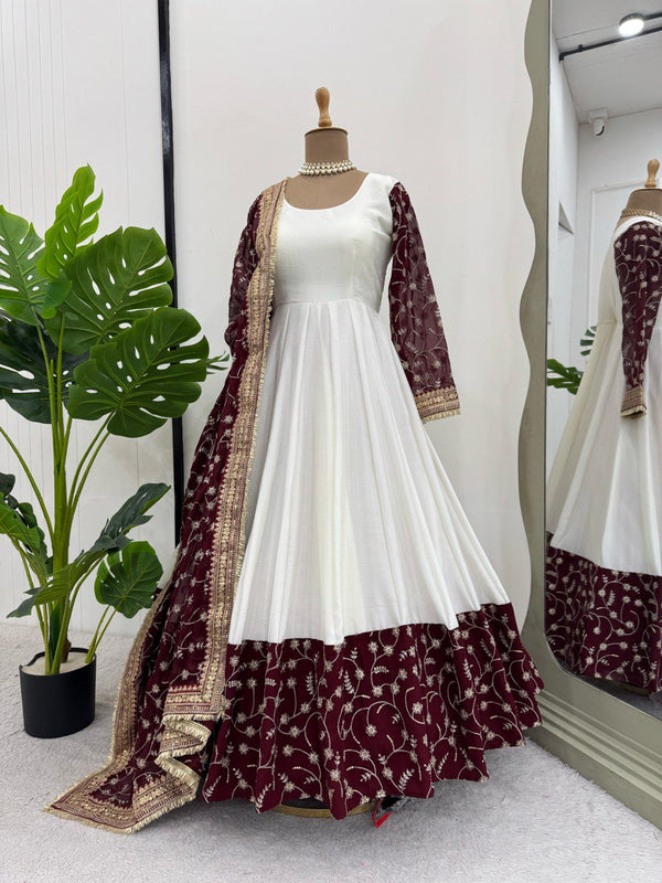 White Color Eid Special Sequins work Chinon Silk Anarkali Gown