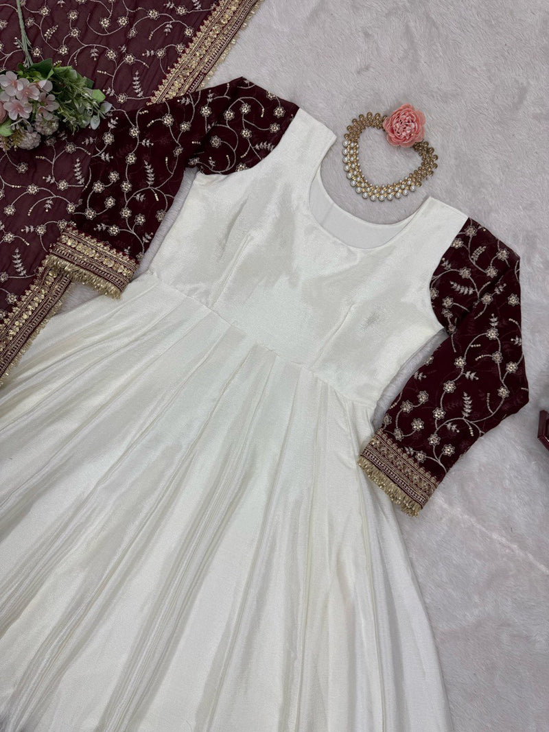 White Color Eid Special Sequins work Chinon Silk Anarkali Gown