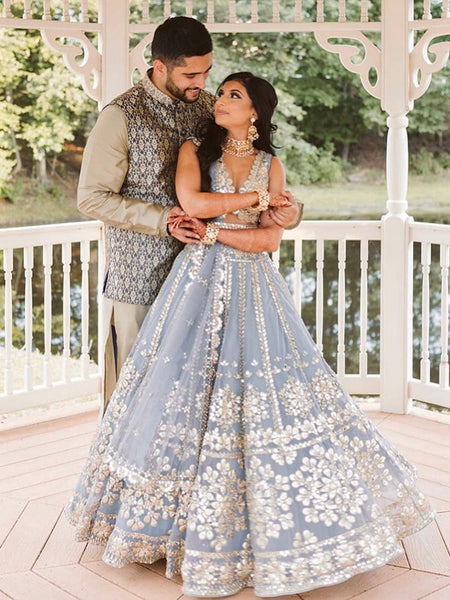 Gray Color Zari with Paper Mirror Embroidery work Georgette Lehenga Choli