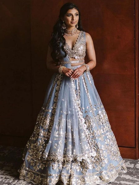 Gray Color Zari with Paper Mirror Embroidery work Georgette Lehenga Choli