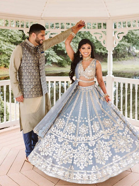 Gray Color Zari with Paper Mirror Embroidery work Georgette Lehenga Choli