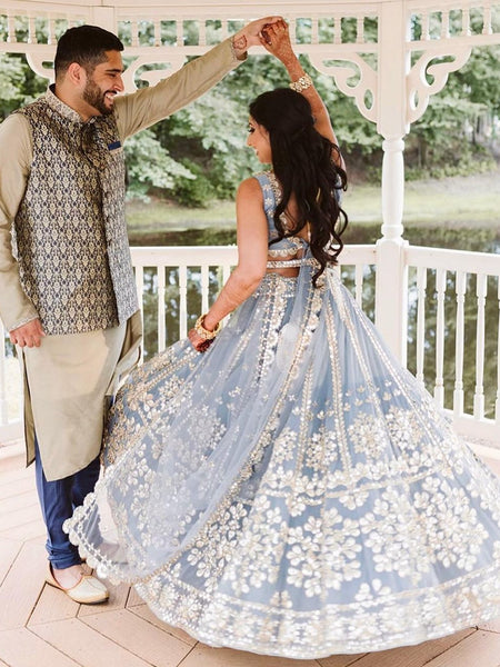 Gray Color Zari with Paper Mirror Embroidery work Georgette Lehenga Choli