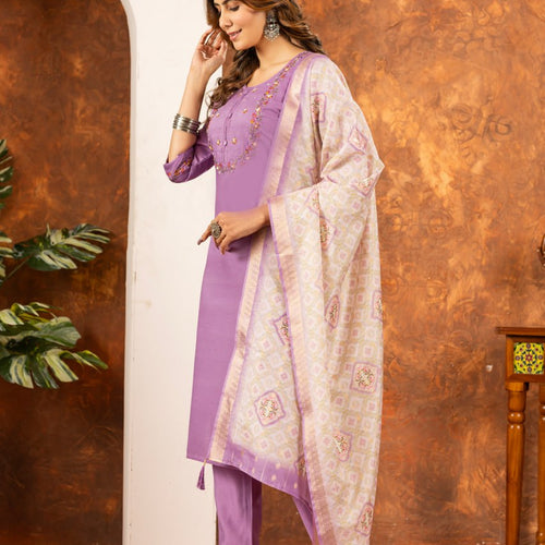 Lavender Color Embroidery Thread Work Designer Salwar Suit
