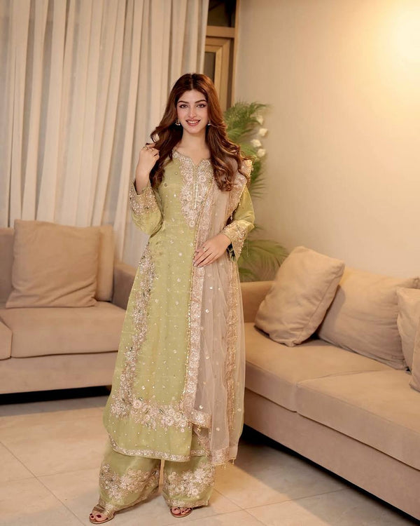 Pista Color Sequins with Embroidery Work Sharara Suit