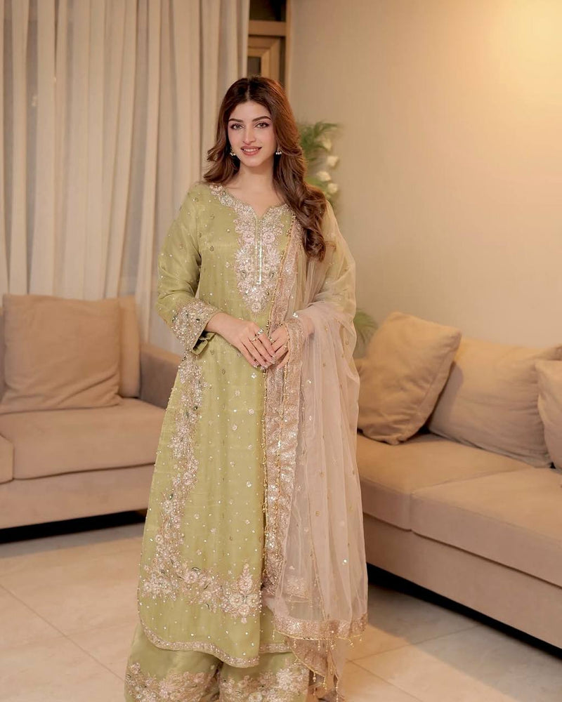 Pista Color Sequins with Embroidery Work Sharara Suit
