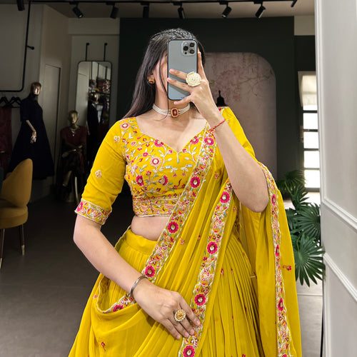 Yellow Color Thread with Sequins Embroidery Work Designer Lehenga Choli