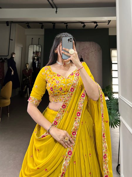 Yellow Color Thread with Sequins Embroidery Work Designer Lehenga Choli
