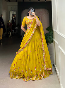 Yellow Color Thread with Sequins Embroidery Work Designer Lehenga Choli