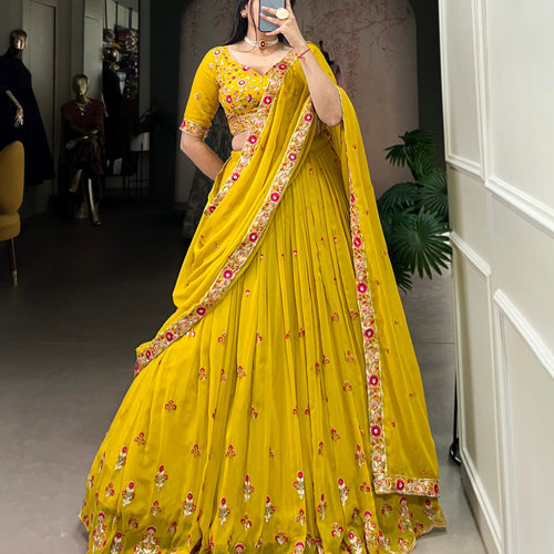 Yellow Color Thread with Sequins Embroidery Work Designer Lehenga Choli