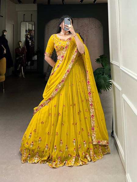 Yellow Color Thread with Sequins Embroidery Work Designer Lehenga Choli