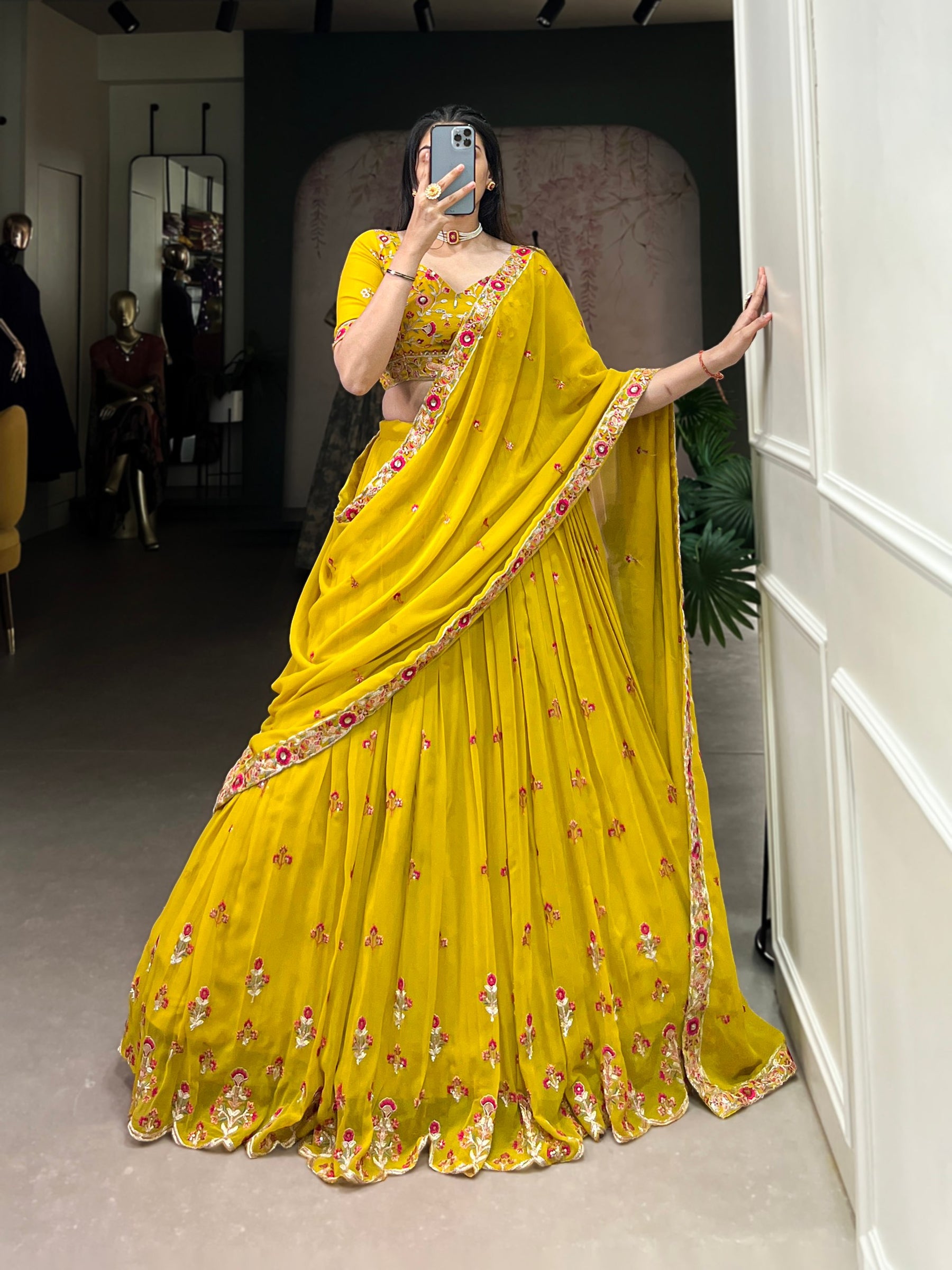 Yellow Color Thread with Sequins Embroidery Work Designer Lehenga Choli