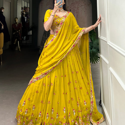 Yellow Color Thread with Sequins Embroidery Work Designer Lehenga Choli