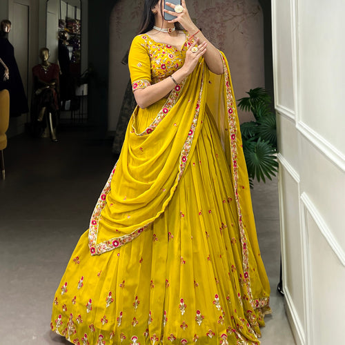 Yellow Color Thread with Sequins Embroidery Work Designer Lehenga Choli
