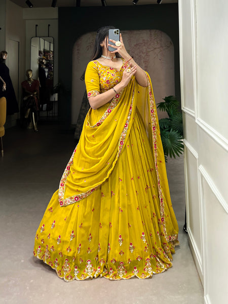 Yellow Color Thread with Sequins Embroidery Work Designer Lehenga Choli