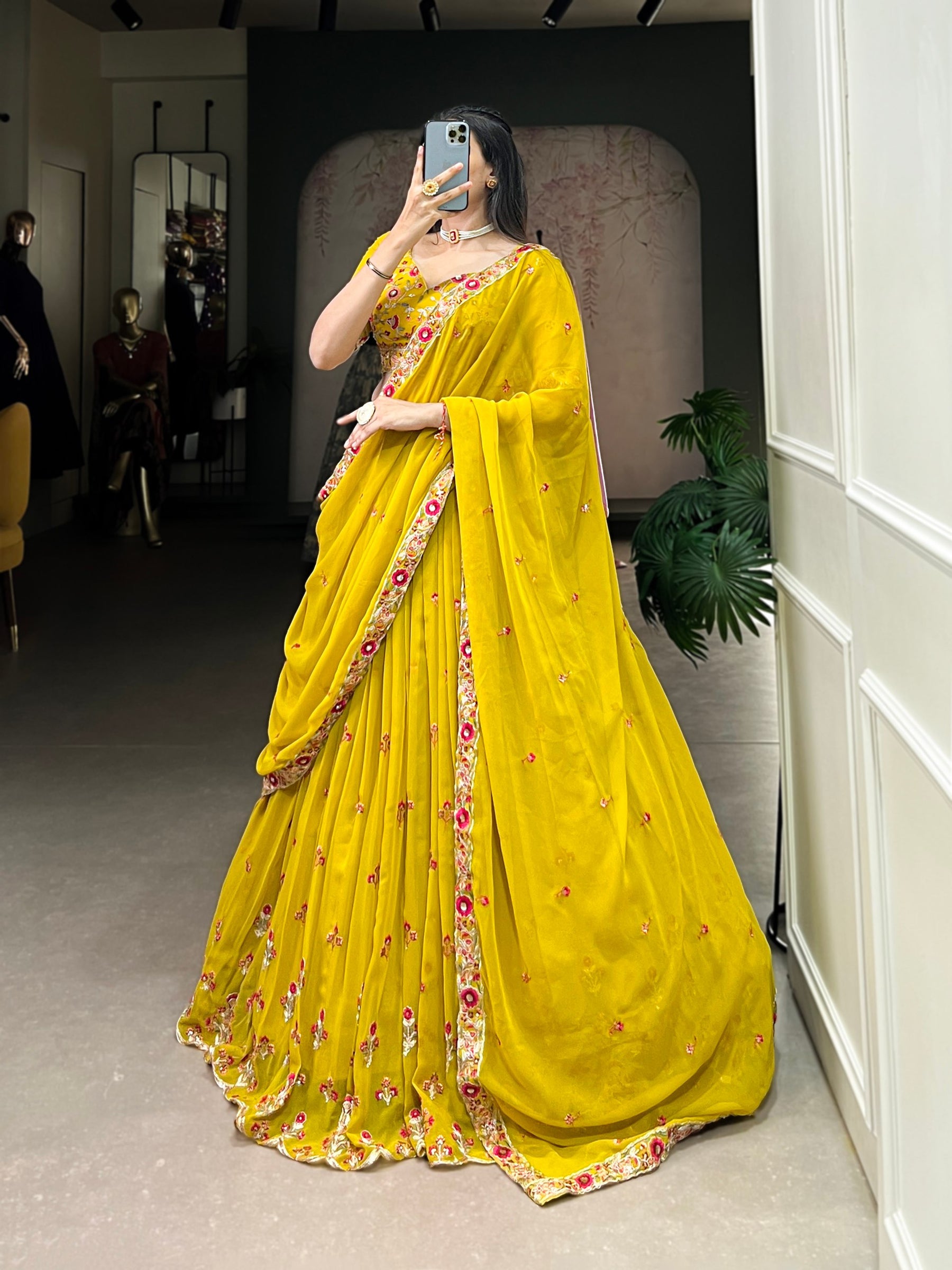 Yellow Color Thread with Sequins Embroidery Work Designer Lehenga Choli
