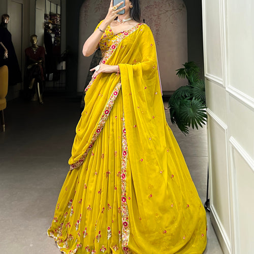 Yellow Color Thread with Sequins Embroidery Work Designer Lehenga Choli
