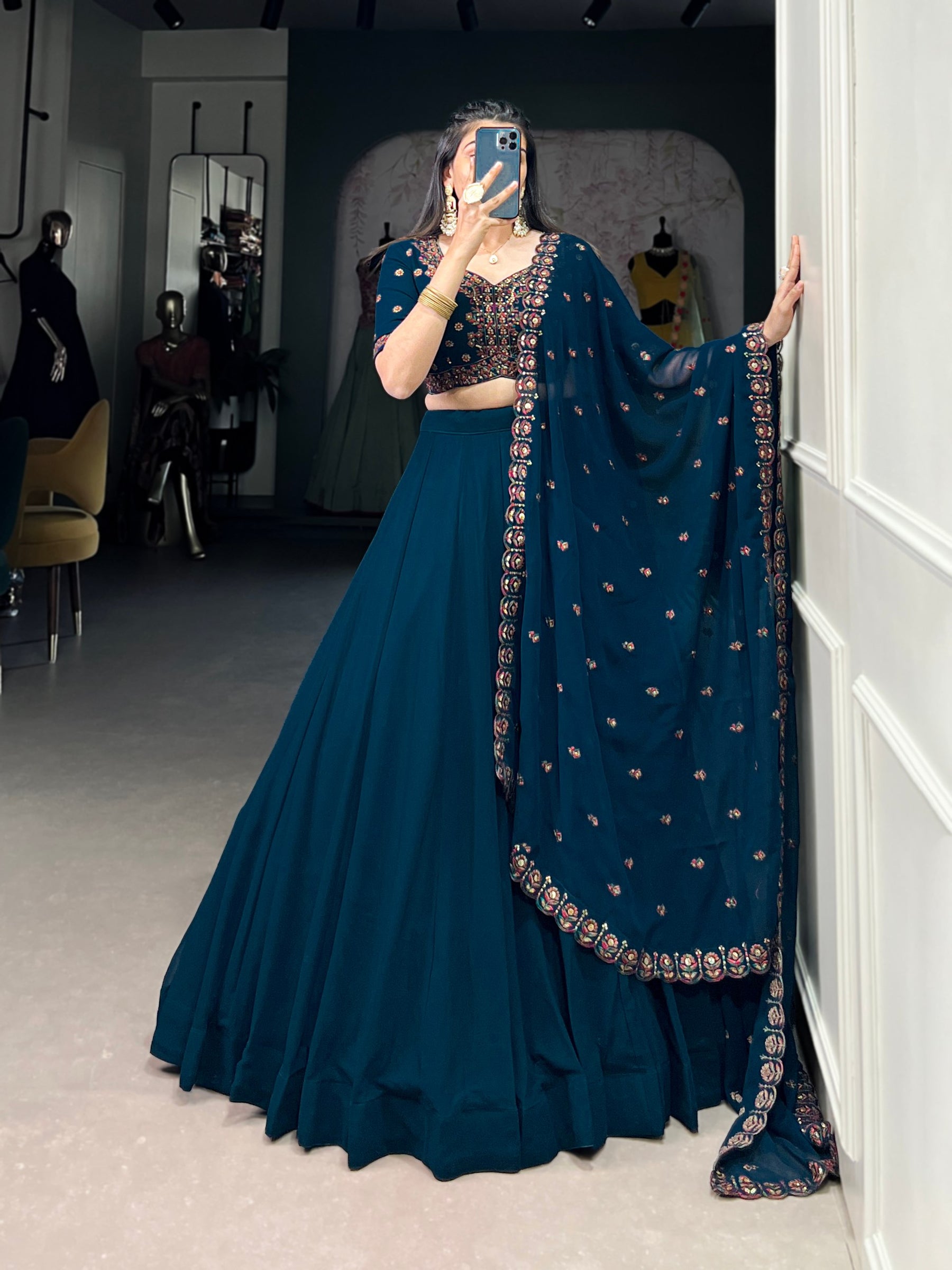 Navy Blue Color Thread with Sequins Work Designer Lehenga Choli