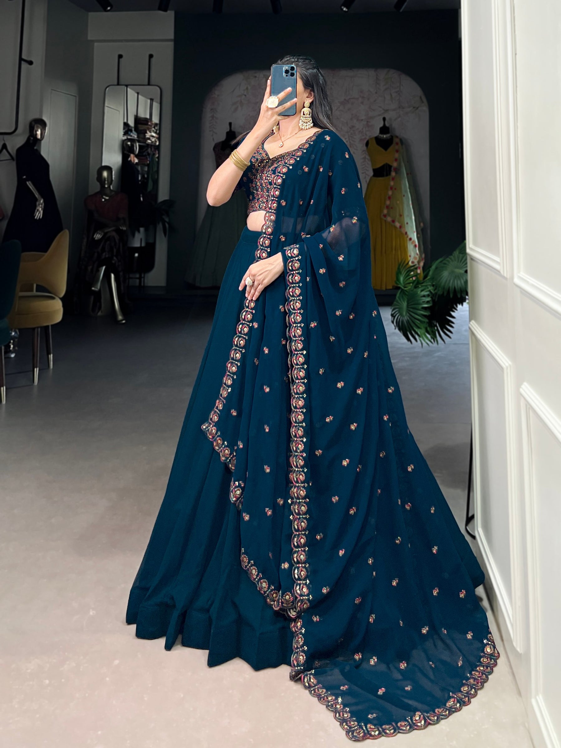 Navy Blue Color Thread with Sequins Work Designer Lehenga Choli