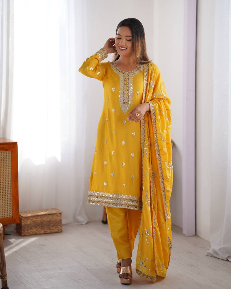 Yellow Color Thread With Sequins Work Salwar Suit