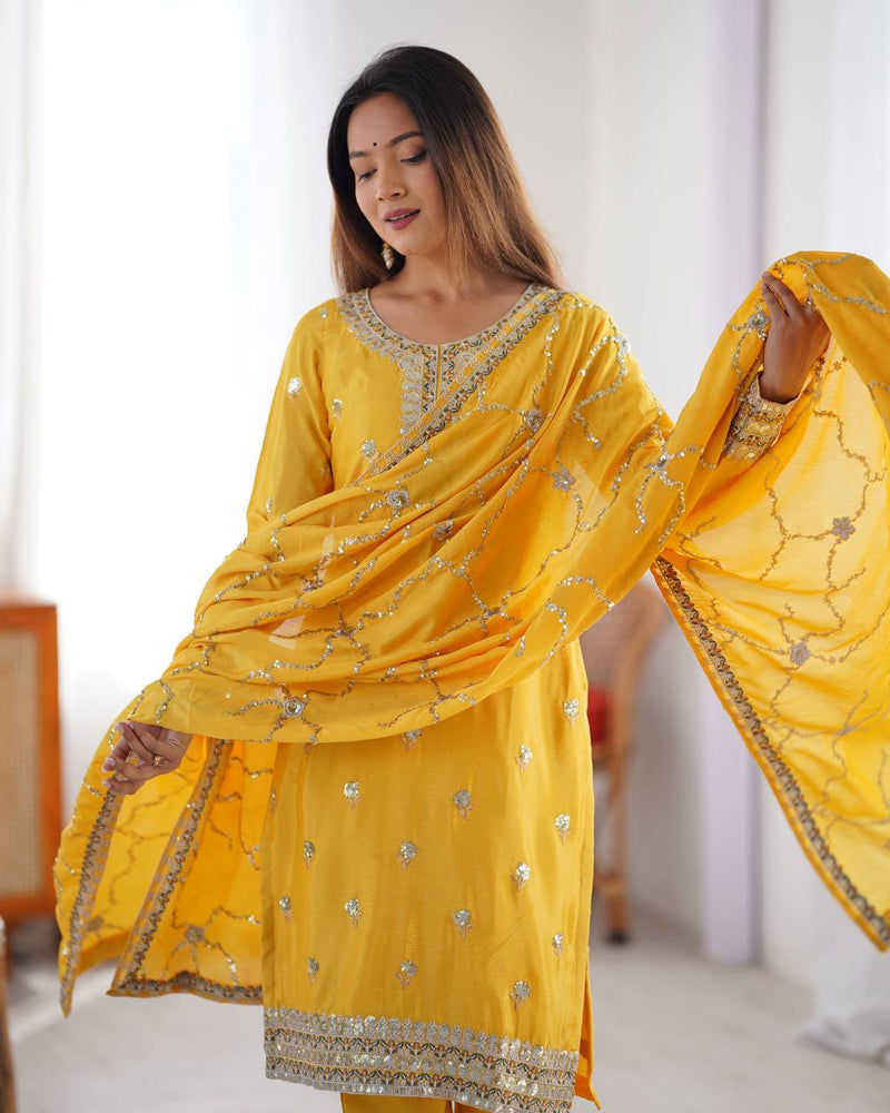 Yellow Color Thread With Sequins Work Salwar Suit