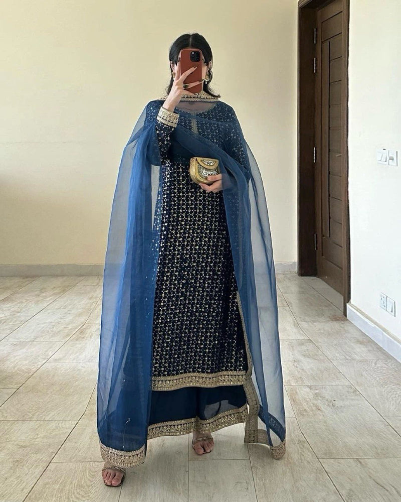 Trendy Blue Color Thread with Sequins Work Sharara Suit
