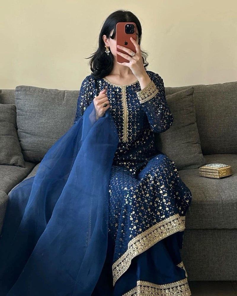 Trendy Blue Color Thread with Sequins Work Sharara Suit