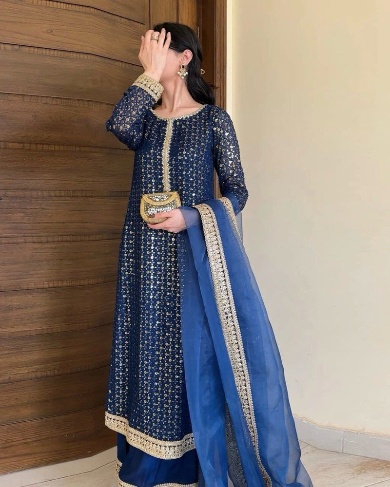 Trendy Blue Color Thread with Sequins Work Sharara Suit