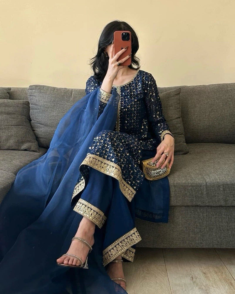 Trendy Blue Color Thread with Sequins Work Sharara Suit