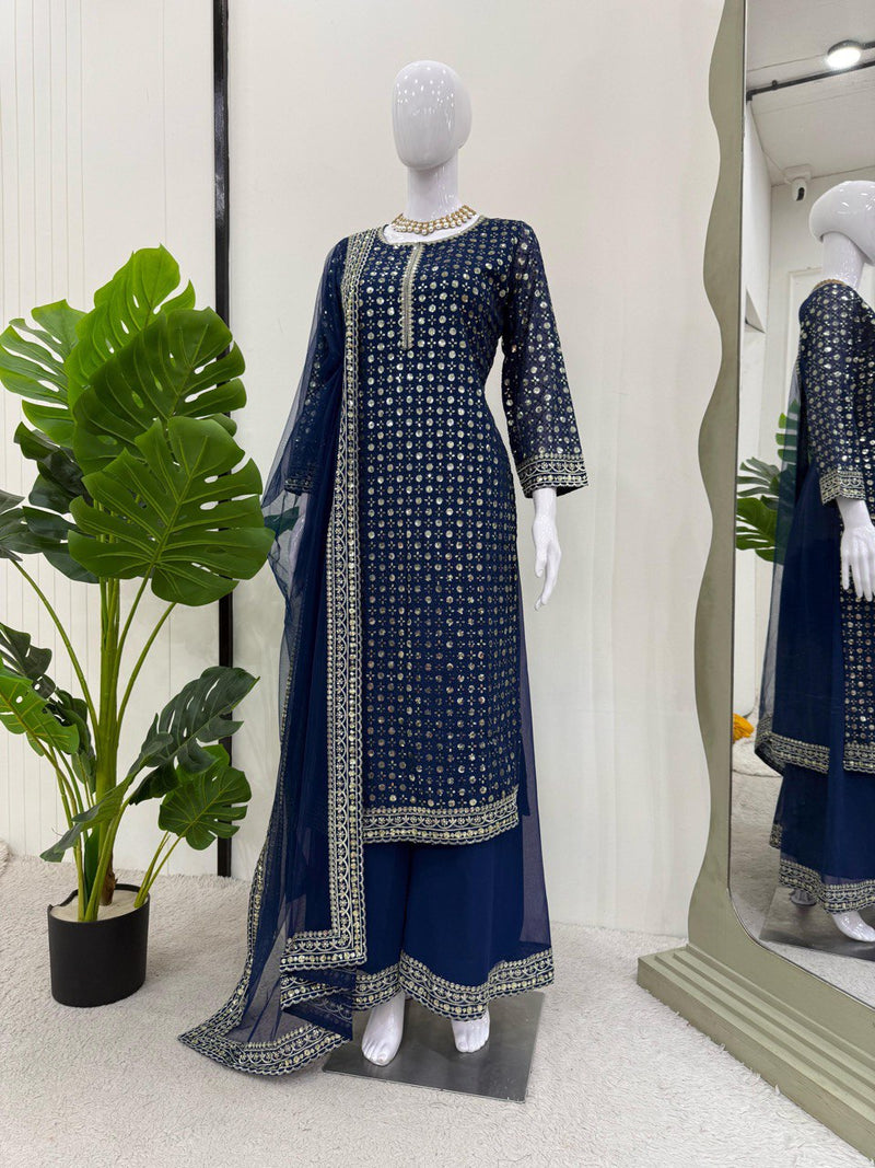 Trendy Blue Color Thread with Sequins Work Sharara Suit