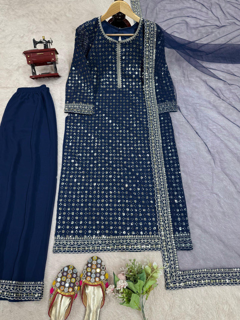 Trendy Blue Color Thread with Sequins Work Sharara Suit
