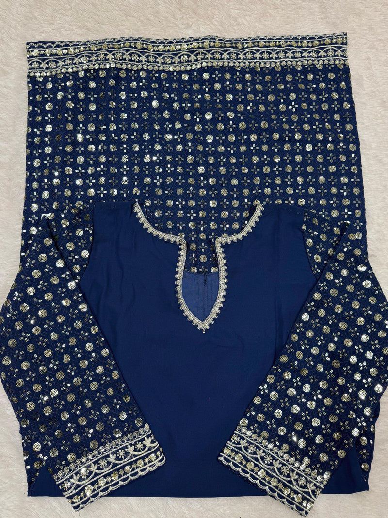 Trendy Blue Color Thread with Sequins Work Sharara Suit