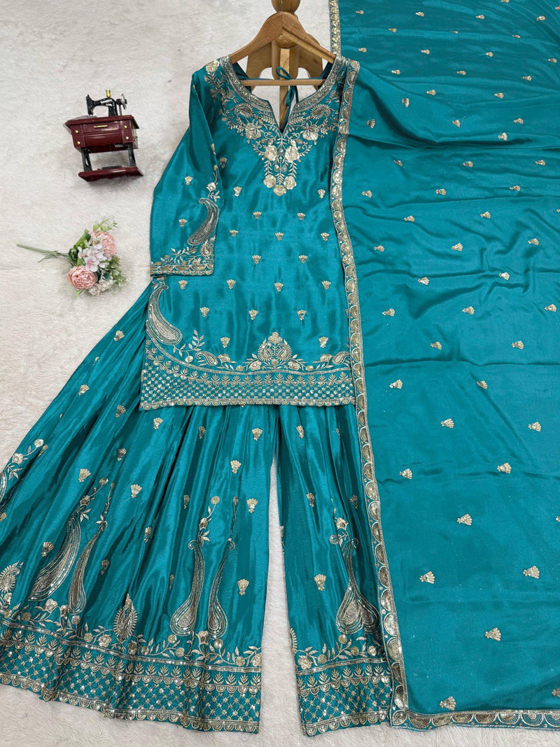Sky Blue Color Thread With Sequins Work Georgette Sharara Suit